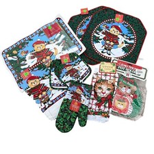 Vintage Christmas Kitchen Linens Set Holiday Cats Placemats Oven Mitts Old Stock