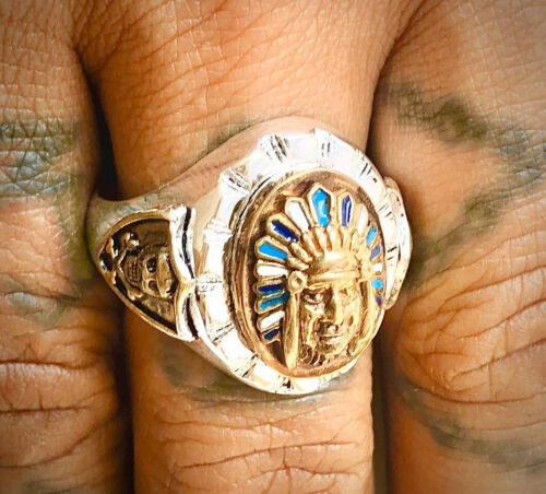 1940s 50s Turquoise Enamel Skull Sides Native American Indian Vintage Style Ring - Afbeelding 1 van 9