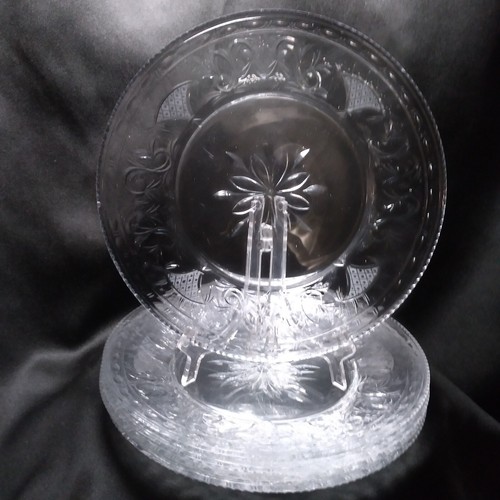 5 Antique Pairpoint Buchanon Plates 8" Clear Glass w Basket of Flowers & Scrolls - Picture 2 of 8