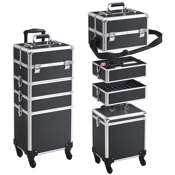 Rolling Train Case Makeup Storage Case Vanity Cosmetology Case Cosmetics 5 in 1