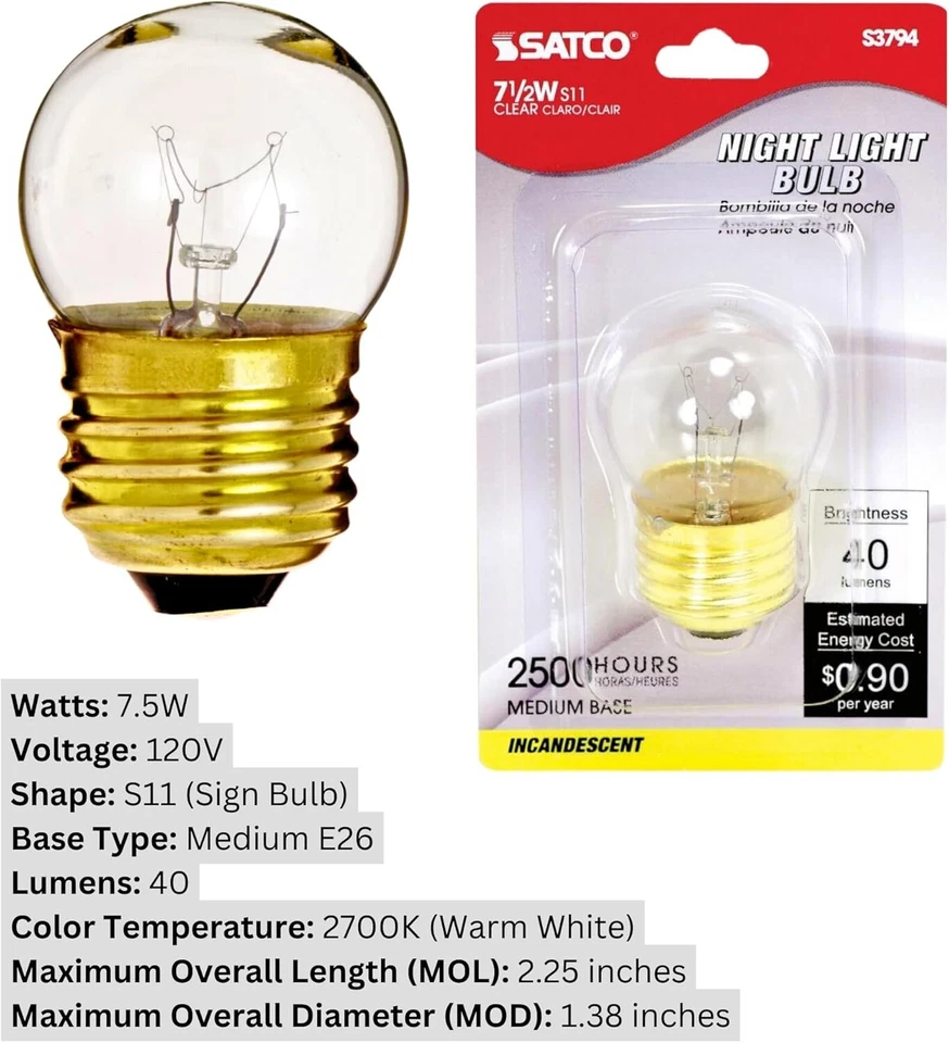 Satco S3794 - 7.5 Watt S11 Medium Base Night Light Bulb - 2700K (20 Pack) - Image 4 of 4