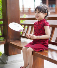 Girls' Red Short Sleeves Qipao Lotus Leaf