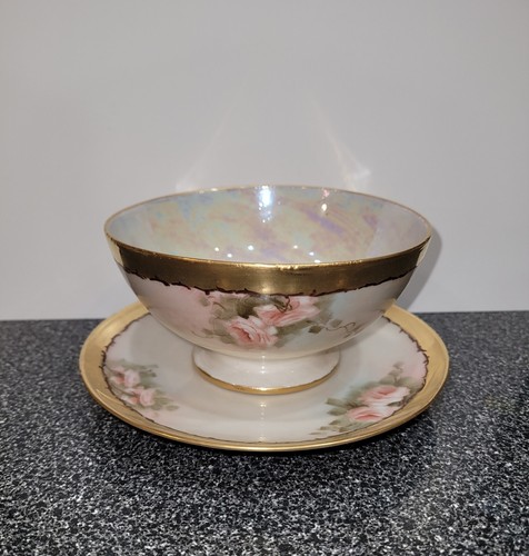T & V Limoges France Cup/Bowl and Saucer Set Hand Painted Pink Roses Gold Trim - Picture 5 of 12