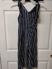 Sequin Heart Girls Sz Medium Dark Blue Striped Jumpsuit Preowned 9/10