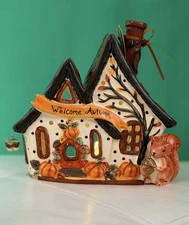 Blue Sky Welcome Autumn w/ Squirrel, Nuts, Pumpkins, Candle House Tea Light NEW