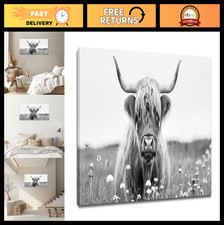Large Highland Cow Canvas Wall Art - Black  White Animal Decor for Living Room,