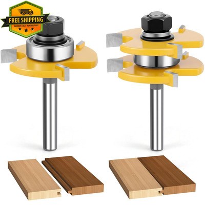 Tongue and Groove Router Bit Set 2pc 1/4in Shank 3 Teeth Cabinet Door Bits
