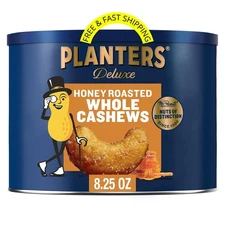 PLANTERS Deluxe Honey Roasted Whole Cashews, Party Snack, Plant-Based Protein, A