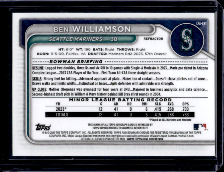 2024 Bowman Chrome Ben Williamson Auto Refractor Auto /499 1st Prospect #CPA-BWI view 2