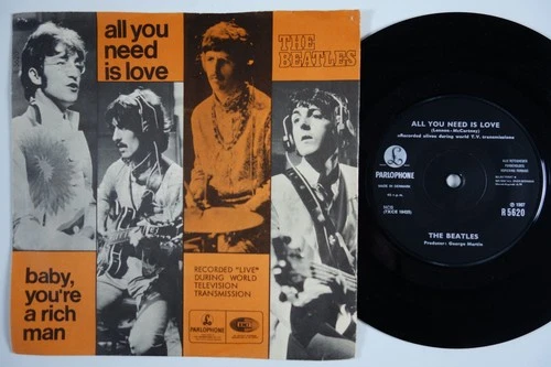 BEATLES All You Need Is Love RARE! SOLID CENTRE Denmark 45 danish HEAR!