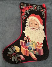 Holiday Stocking SANTA CLAUS w GIFTS  HOLLY Needlepoint