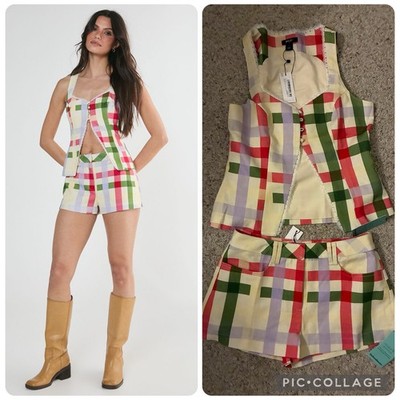 NWT Nasty Gal Sz small Two Piece Set Linen Mix Gingham Lace Trim Shorts And Vest