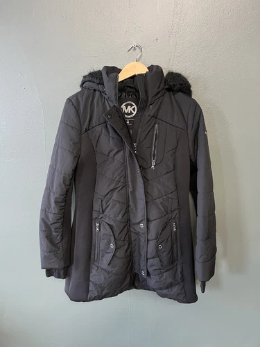 Giacca parka donna Michael Kors nero trapuntato imbottito con cappuccio zip intera taglia media