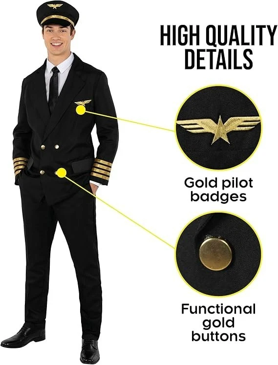 Schwarzes Pilot Kostüm Herren Fluglinienpiloten Uniform Karneval Halloween M-3XL - Bild 3 von 4