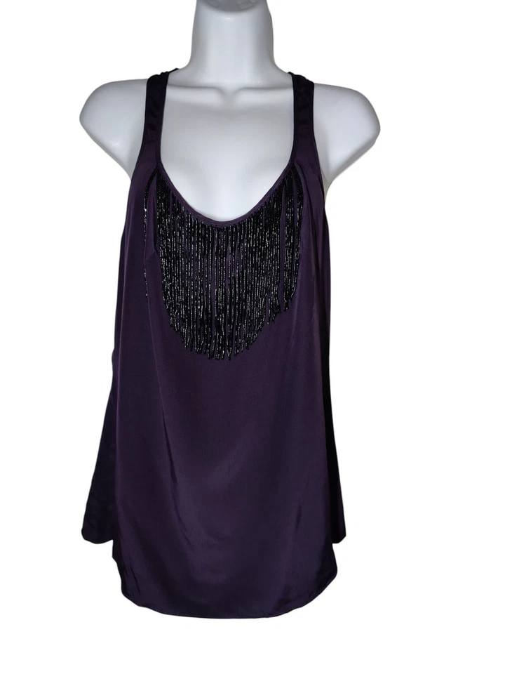 Camiseta sin mangas Matty M 100 % seda corte bajo púrpura oscuro con cuentas flecos M Foto 2 de 4