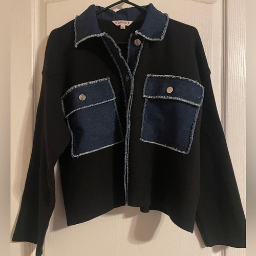 Nanette Lepore schwarz blau Mixed Media Jacke Shacket L Boho Preppy Lagenlook