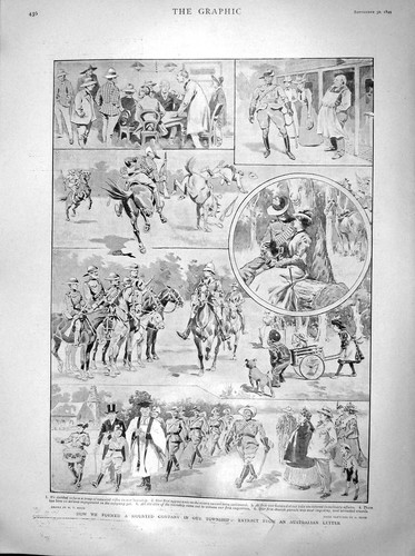 Original Old Antique Print 1899 Mounted Infantry Siers War Australia Township