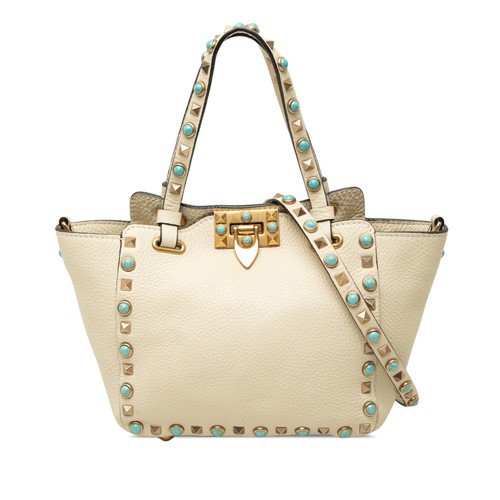Valentino Mini Grained Calfskin Rockstud Rolling Trapeze Satchel Pre-Loved White