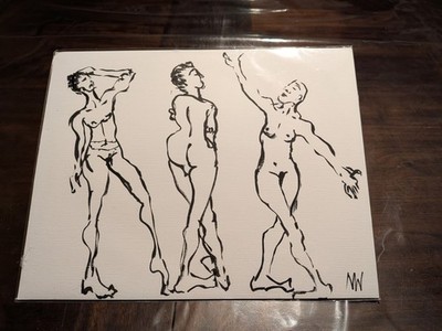 Vintage 90s Abstract INk Drawing Figures Womap 14 X 11 Signed NW OOAK