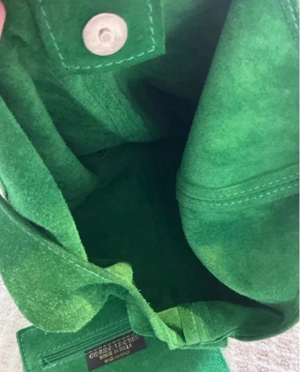 NUEVO Bolso Hobo Hecho en Italia Gamuza Cuero Con Cierre a Presión Verde Brillante Foto 4 de 4