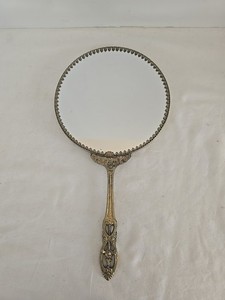 Vintage Ornate Handled Handheld Vanity Mirror Gold Tone 11” Beveled Glass