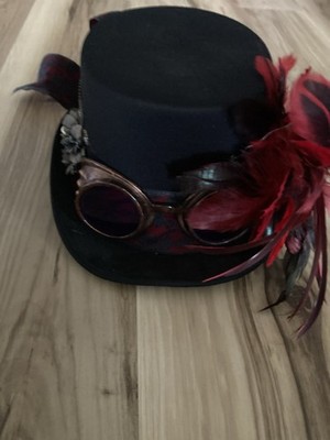 Steampunk Hat Halloween Goggles Gears Feathers Black Red Feather Steampunk Hat Halloween Goggles Gears Feathers Black Red  main image 2