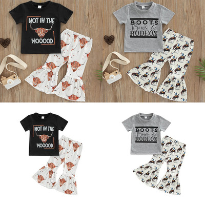 Kid Girl Summer Clothes Short Sleeve Tops + Flared Pants Printed Elastic Waist