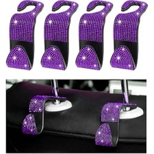 4 PCS Bling Car Seat Headrest Hooks, Crystal Rhinestone Back Seat Hanging Purple