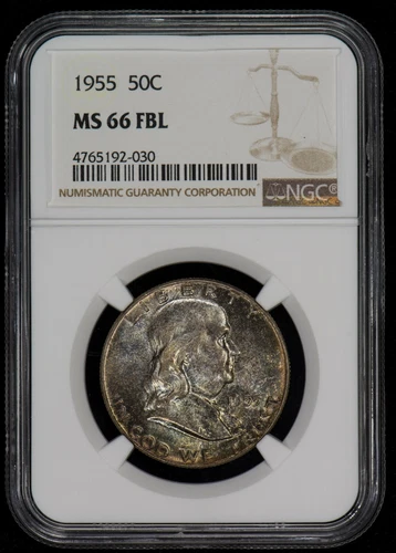 1955 50c Franklin Silver Half Dollar - Mint Set Toning - NGC MS 66 FBL - X6225