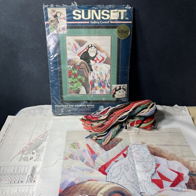 2000 Vintage Sunset Gallery 12 X 16 Cat And Patchwork Crewel Kit New In Open Bag