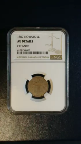 1867 NO RAYS Shield Nickel NGC ABOUT UNCIRCULATED 5C Coin PRICED TO SELL NOW!