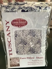 Lauren Hancock Tuscany Euro Pillow Sham Blue Toile Floral Cotton 26" Never Used