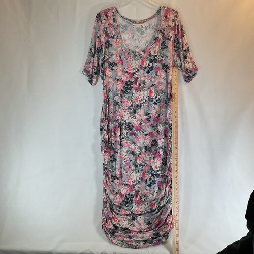 Motherhood Damen Blumenmuster gerruchtet Kleid Bodycon rosa Umstandsmode kurzärmelig XL - Bild 4 von 13