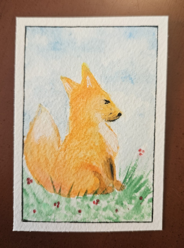ACEO Original Fox Small Watercolor And Colored Pencil Drawing on Paper Unframed