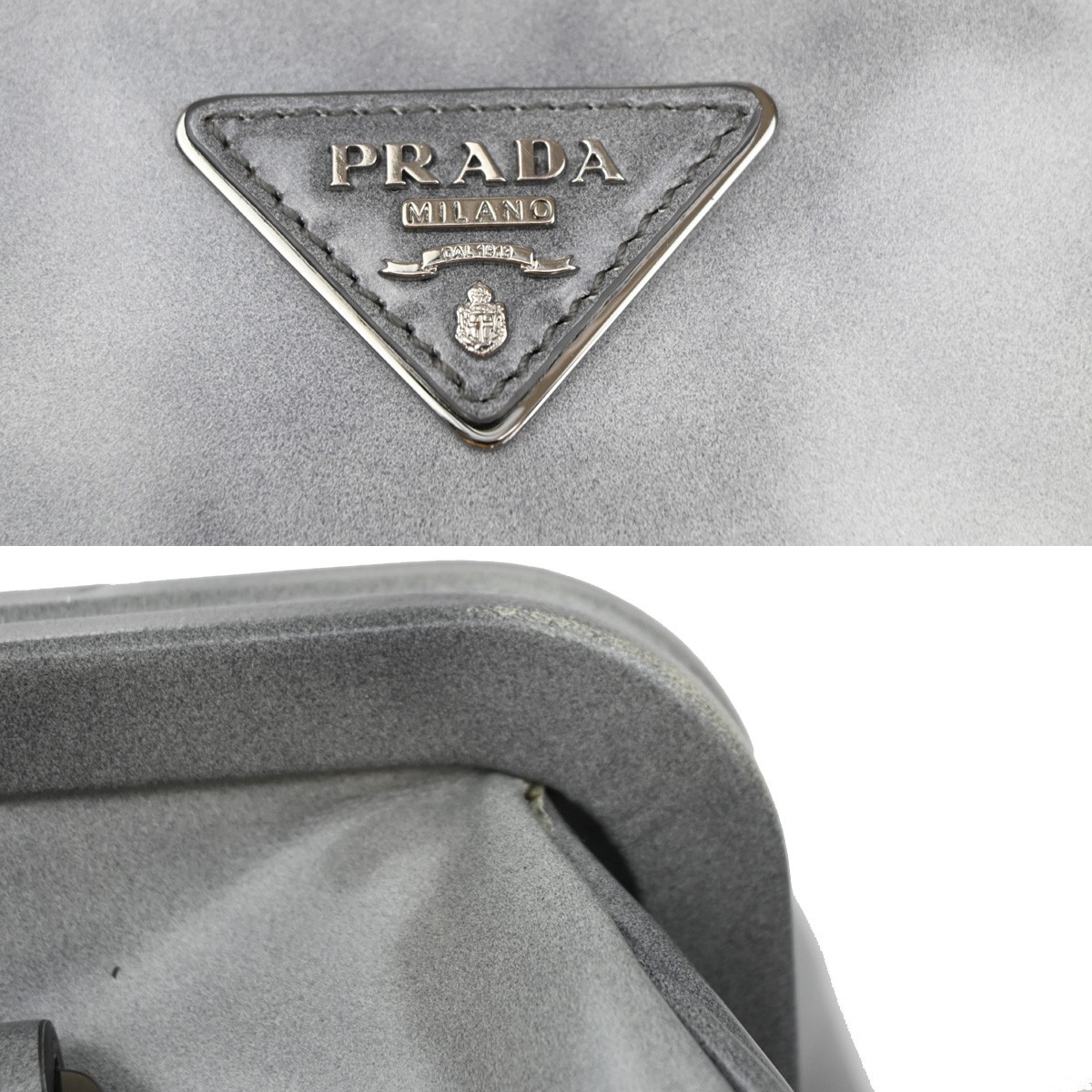 PRADA Grigio Spazzolato Leather Crystal Kiss‑Lock Frame Hand Bag