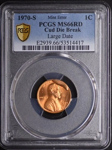 1970-S Wheat Cent PCGS MS66 RD Cud Die Break Large Date