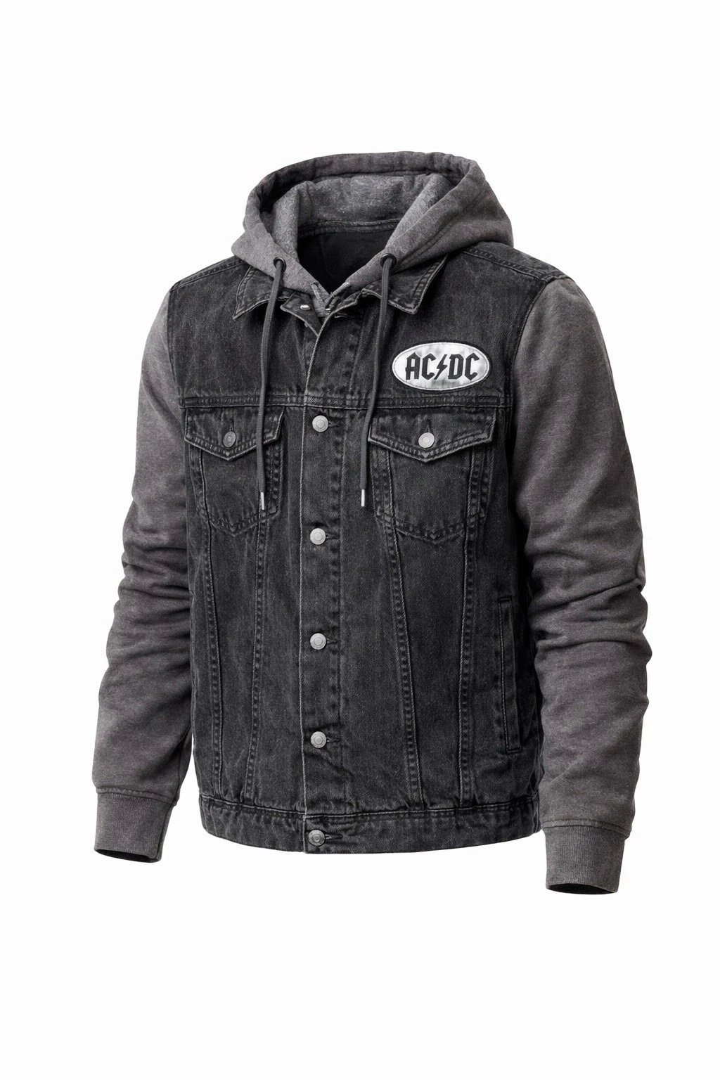 AC/DC Denim Jacket Black Jean Hooded Rock Band 1980 Tour Men's Medium Jacket