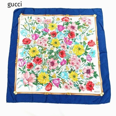 GUCCI Floral Silk Scarf Large Blue Flower Pattern 84cm 33in Women's Pre-owned