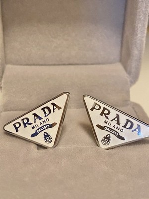 Prada Women s stud earrings logo Stamp White Sterling Silver 925 Jewelry New