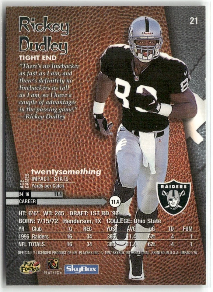 1997 SKYBOX IMPACT RICKEY DUDLEY OAKLAND RAIDERS #21 - Image 2 of 3