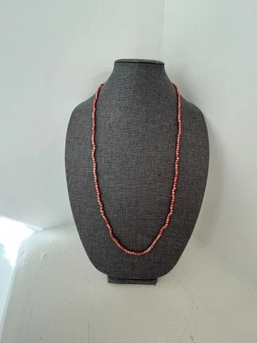 Vintage 34" Long Peach-Colored Pink Thulite Necklace Silk Cord Handmade - product listing photo