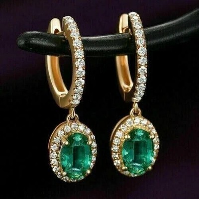 3Ct Oval Emerald & Lab Created Diamond Dangle 14K Yellow Gold Plated Earrings