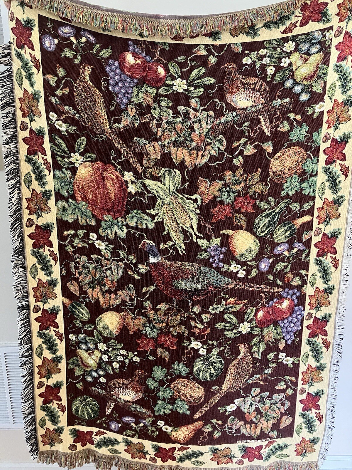 Crown Crafts Knit Blanket Autumn Leaves Pheasant Pumpkins Gourds 48x68