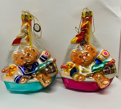 glass ornament Christmas Sailor bear blue pink boat set A1906120 Nursery, shower
