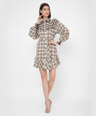 Twinset Check-Printed Belted Shirt Dress w/ Lace Overlay sz 44