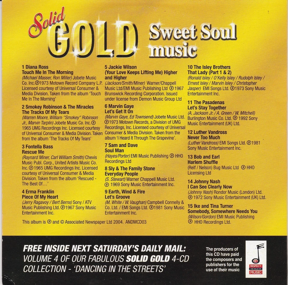 SOLID GOLD Volume Three Sweet Soul Music ( DAILY MAIL Newspaper 15 Track CD ) - Bild 2 von 3