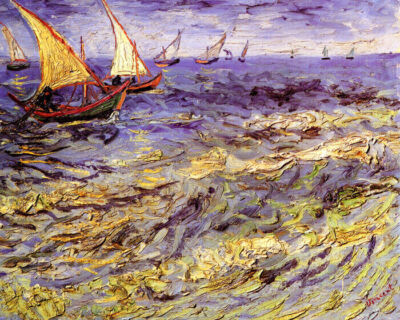 SEASCAPE AT SAINTES MARIES FISHING BOATS AT SEA 1888 PAINTING BY VAN GOGH REPRO