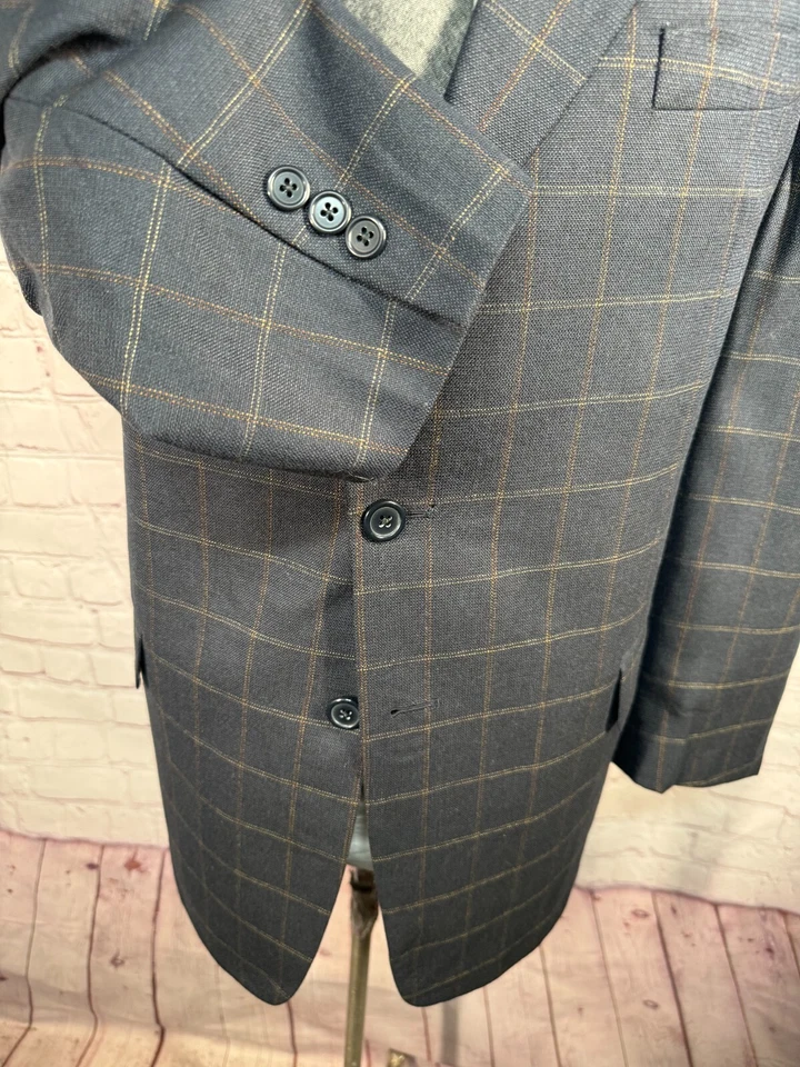 TALLIA UOMO Mens Navy Blue Overcheck SILK WOOL Blazer Sport Coat Jacket 46R - Image 4 of 4