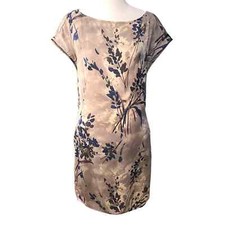 Zara Basic Womens Satin Floral Shift Mini Dress with Pockets Cream Navy SZ Small