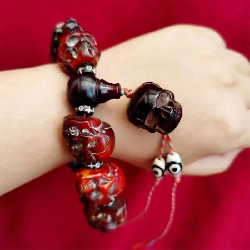 Pulsera de cuentas con cabeza de calavera tallada cuerno de yak tibetano estatua colección amuleto Foto 4 de 4
